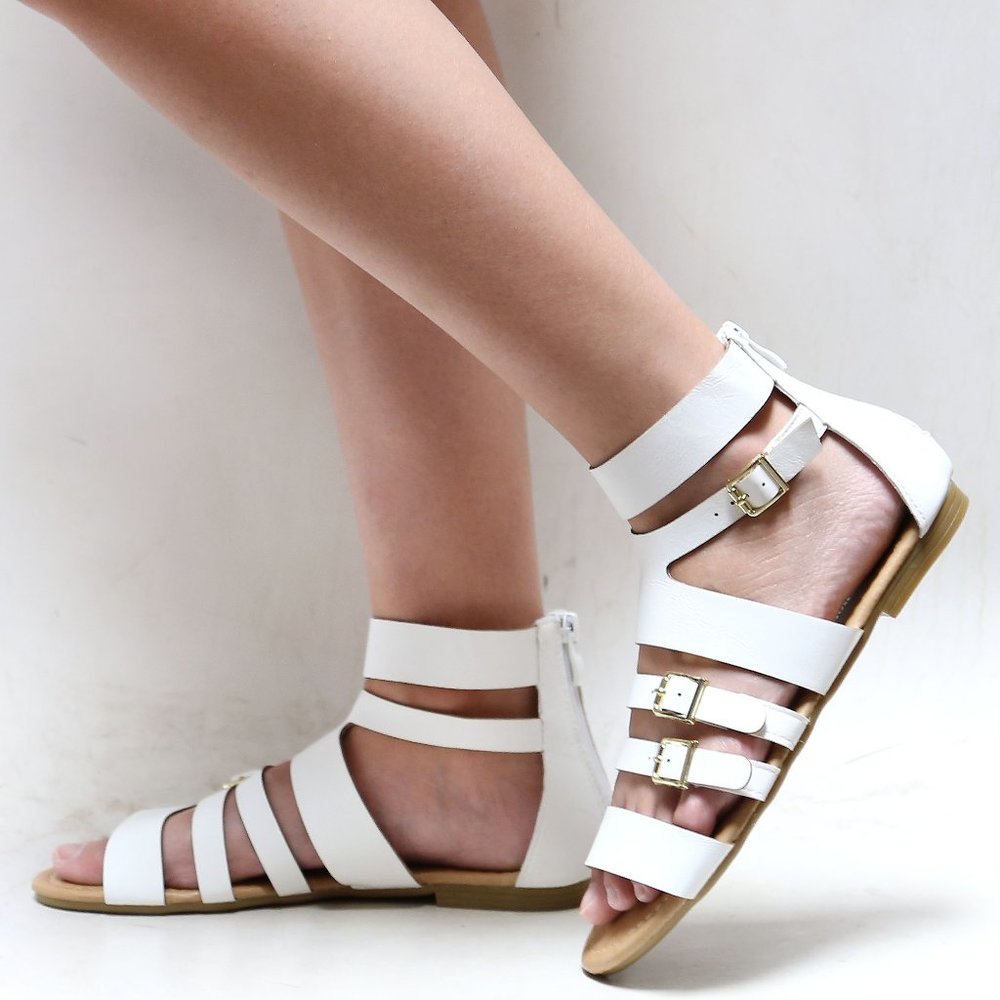New White Strappy Gladiator Flat Sandals